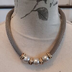 # Silver Mesh w/ Gold, Crystal & Pearl Statement Necklace